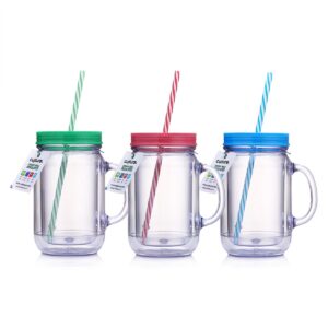 cupture double wall insulated plastic mason jar tumbler mug with striped straws - 20 oz, 3 pack