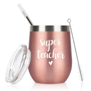 super teacher stainless steel wine tumbler, christmas birthday appreciation retirement teacher’s day thank you gifts for teacher tutor professor women, 12 oz insulated wine tumbler with lid, rose gold