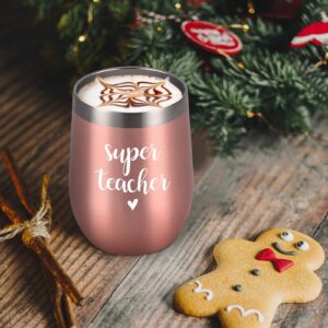 Super Teacher Stainless Steel Wine Tumbler, Christmas Birthday Appreciation Retirement Teacher’s Day Thank You Gifts for Teacher Tutor Professor Women, 12 oz Insulated Wine Tumbler with Lid, Rose Gold