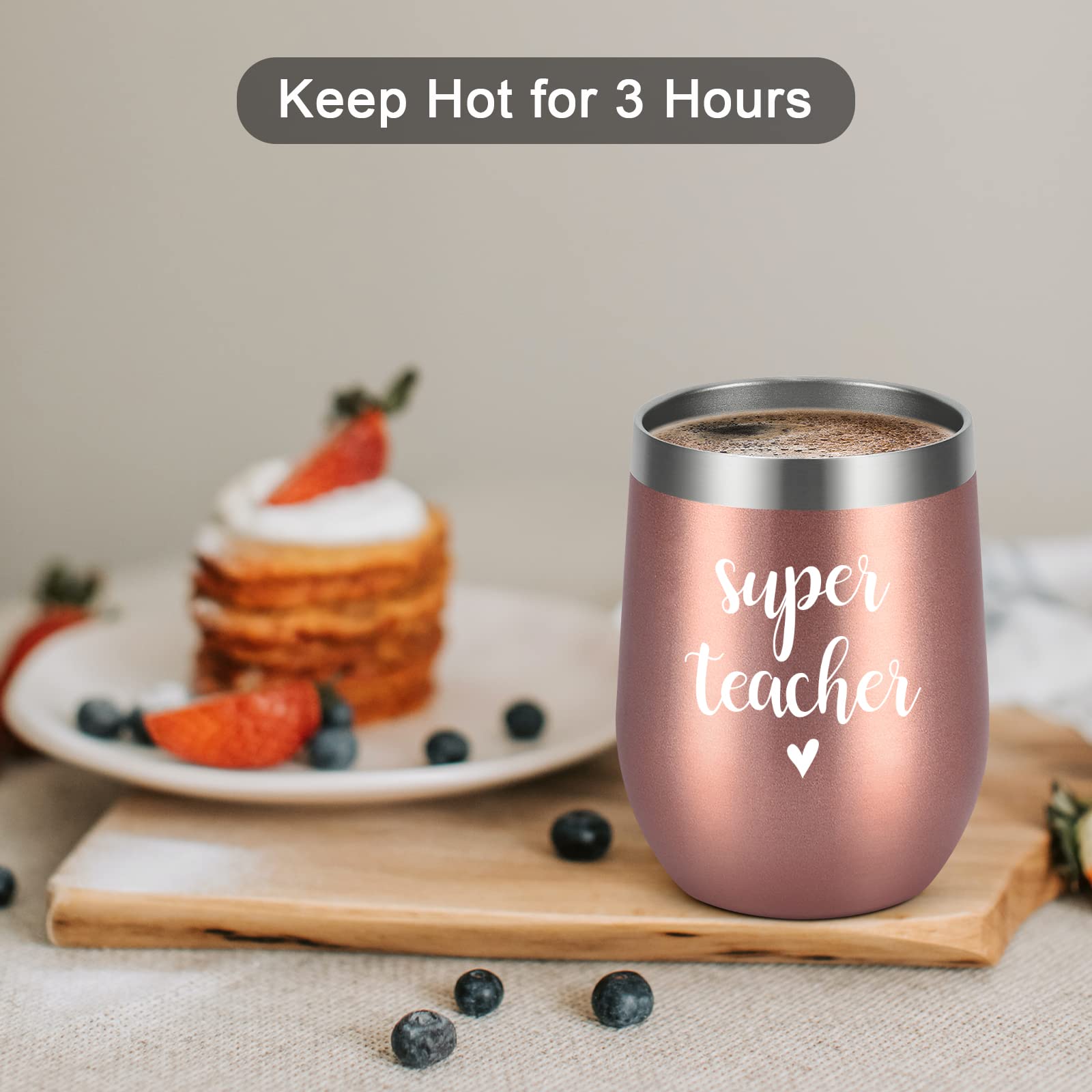 Super Teacher Stainless Steel Wine Tumbler, Christmas Birthday Appreciation Retirement Teacher’s Day Thank You Gifts for Teacher Tutor Professor Women, 12 oz Insulated Wine Tumbler with Lid, Rose Gold