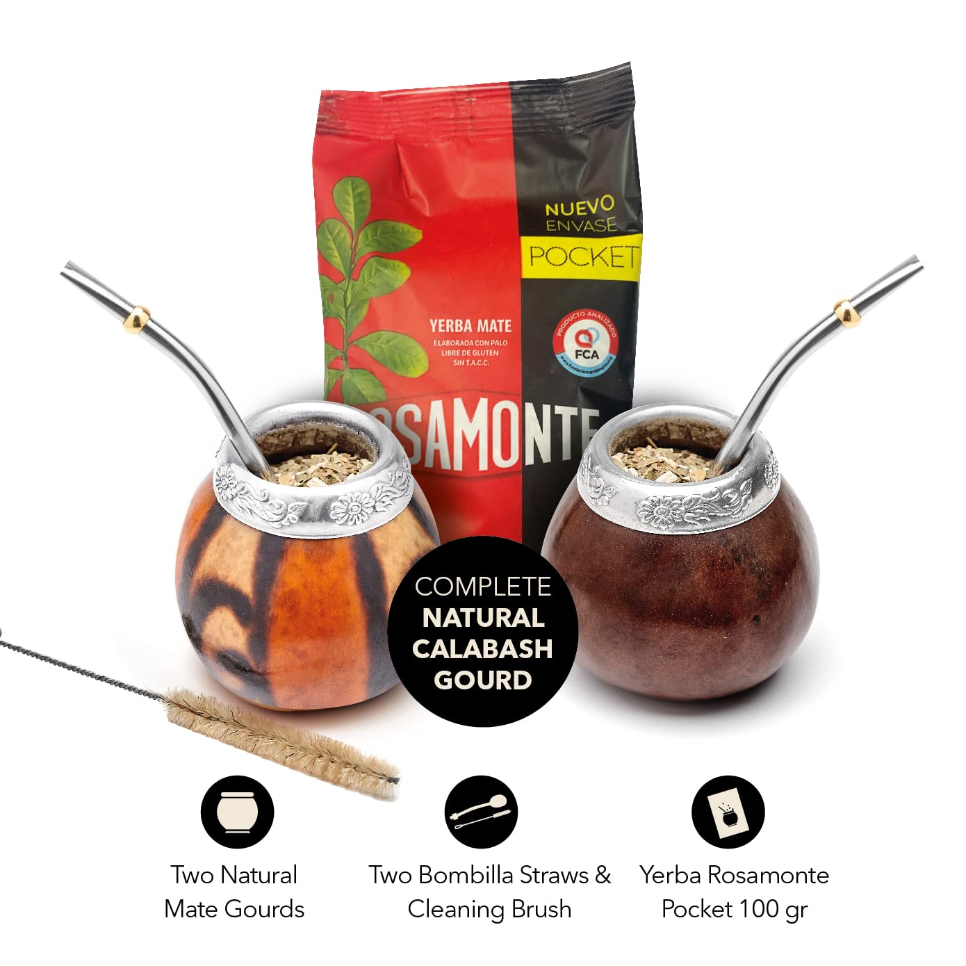 BALIBETOV Set of 2 Yerba Mate Gourd and 1 Pack of 100gr - 3.5OZ of Yerba Mate - Yerba Mate Cup Argentina - 2 Mate Cup, 2 Bombilla, 1 Cleaning Brush, 1 Loose Leaf Yerba Mate bag (DARK BROWN - MAT02)