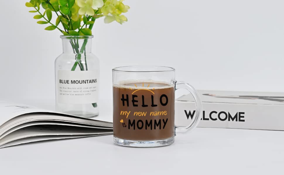 Modwnfy Mug Gift for Mom, My New Name Is Mommy Glass Coffee Mug, New Mommy Coffee Mug for New Mom Mom to Be First Mom Wife Daughter Sister, Mothers Day Baby Shower Gifts for Mother to Be, 11 Oz