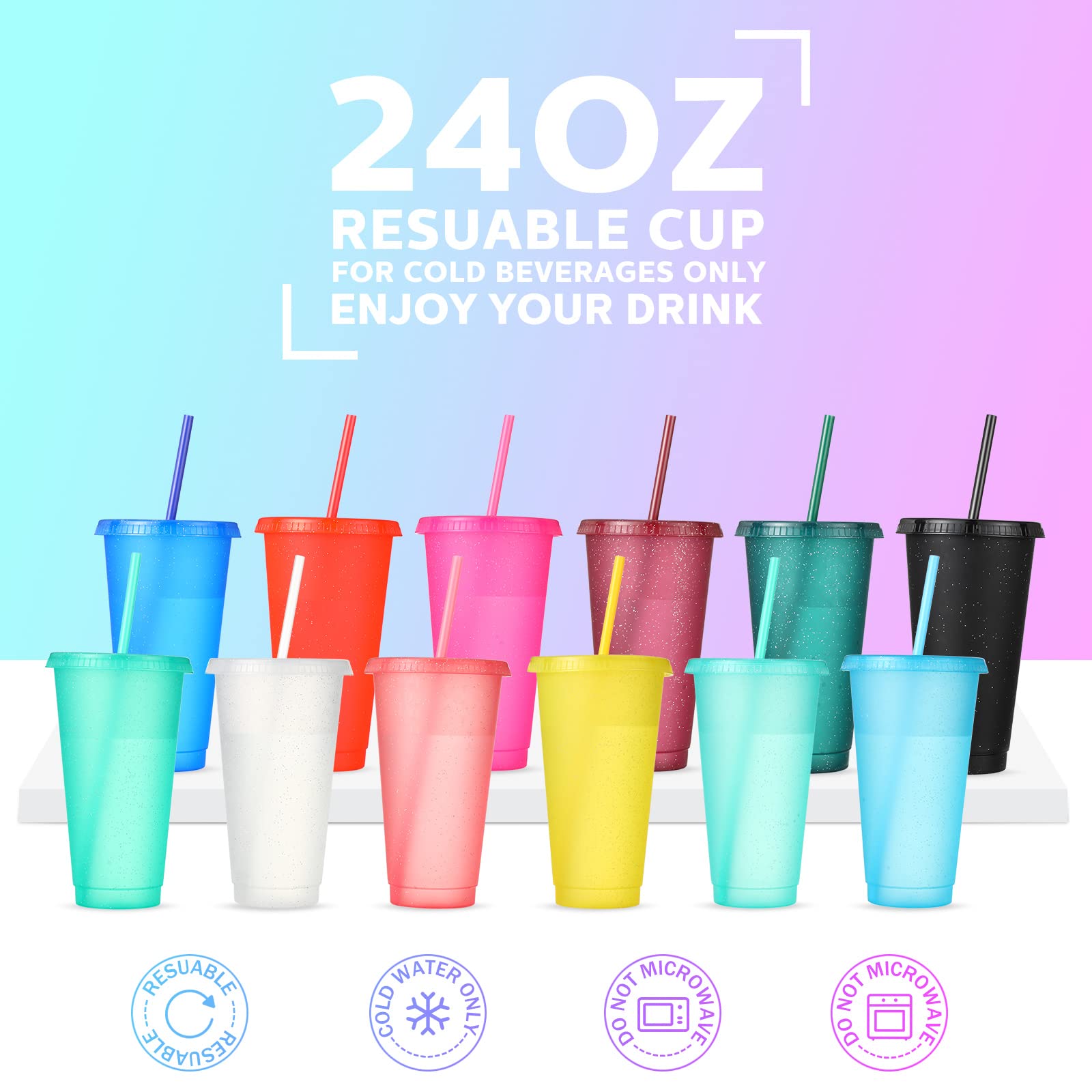 12 Packs Tumbler with Straw and Lid Water Bottle Reusable Cups Tumblers and Water Glasses Plastic Drinking Straw Tumbler Iced Coffee Travel Mug Cup for Parties Birthdays Adults (24 oz, Assorted Color)