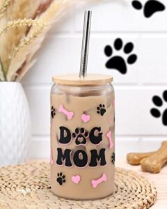 dog mom gifts beer glass can for women 16oz dog paw iced coffee cup with bamboo lid and metal straw for dog pets lover smoothie wine coffee tumbler cold drinking glass birthday gift her spring summer