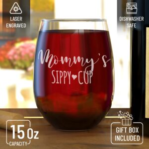 shop4ever Mommy's Sippy Cup Engraved Stemless Wine Glass 15 oz. Funny New Mom Gift