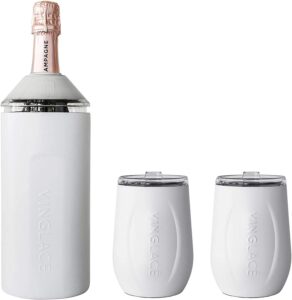 vinglacé wine bottle chiller gift set- portable stainless steel wine cooler with 2 stemless wine glasses, white