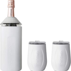 Vinglacé Wine Bottle Chiller Gift Set- Portable Stainless Steel Wine Cooler with 2 Stemless Wine Glasses, White