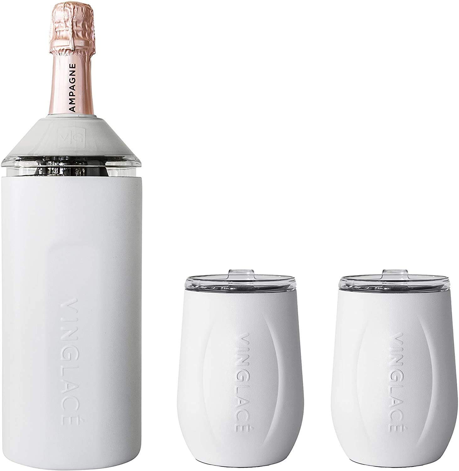 Vinglacé Wine Bottle Chiller Gift Set- Portable Stainless Steel Wine Cooler with 2 Stemless Wine Glasses, White