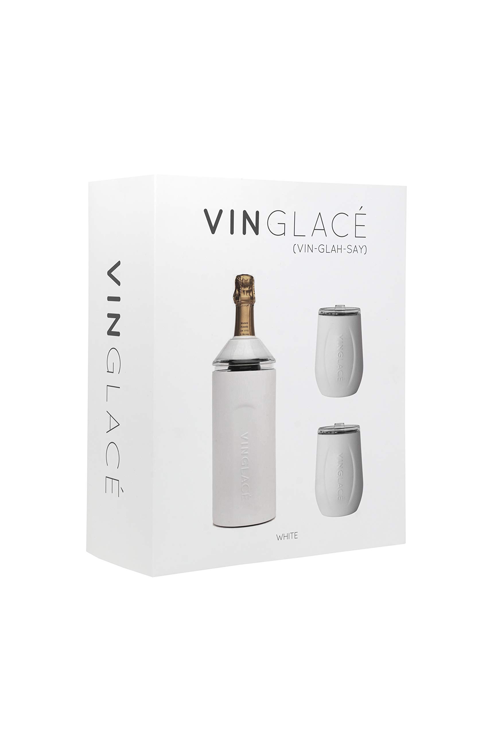 Vinglacé Wine Bottle Chiller Gift Set- Portable Stainless Steel Wine Cooler with 2 Stemless Wine Glasses, White