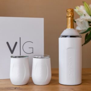 Vinglacé Wine Bottle Chiller Gift Set- Portable Stainless Steel Wine Cooler with 2 Stemless Wine Glasses, White