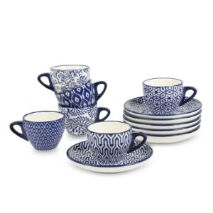 selamica ceramic 2.8 oz espresso cups, small expresso coffee cup set with saucers, cappuccino cups set of 6, porcelain mini demitasse cups for latte mocha tea, gift, vintage blue