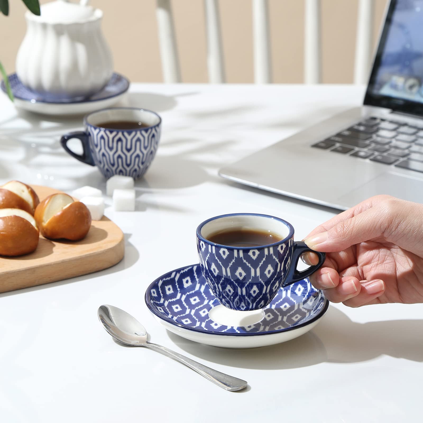 Selamica Ceramic 2.8 oz Espresso Cups, Small Expresso Coffee Cup Set with Saucers, Cappuccino Cups Set of 6, Porcelain Mini Demitasse Cups for Latte Mocha Tea, Gift, Vintage Blue