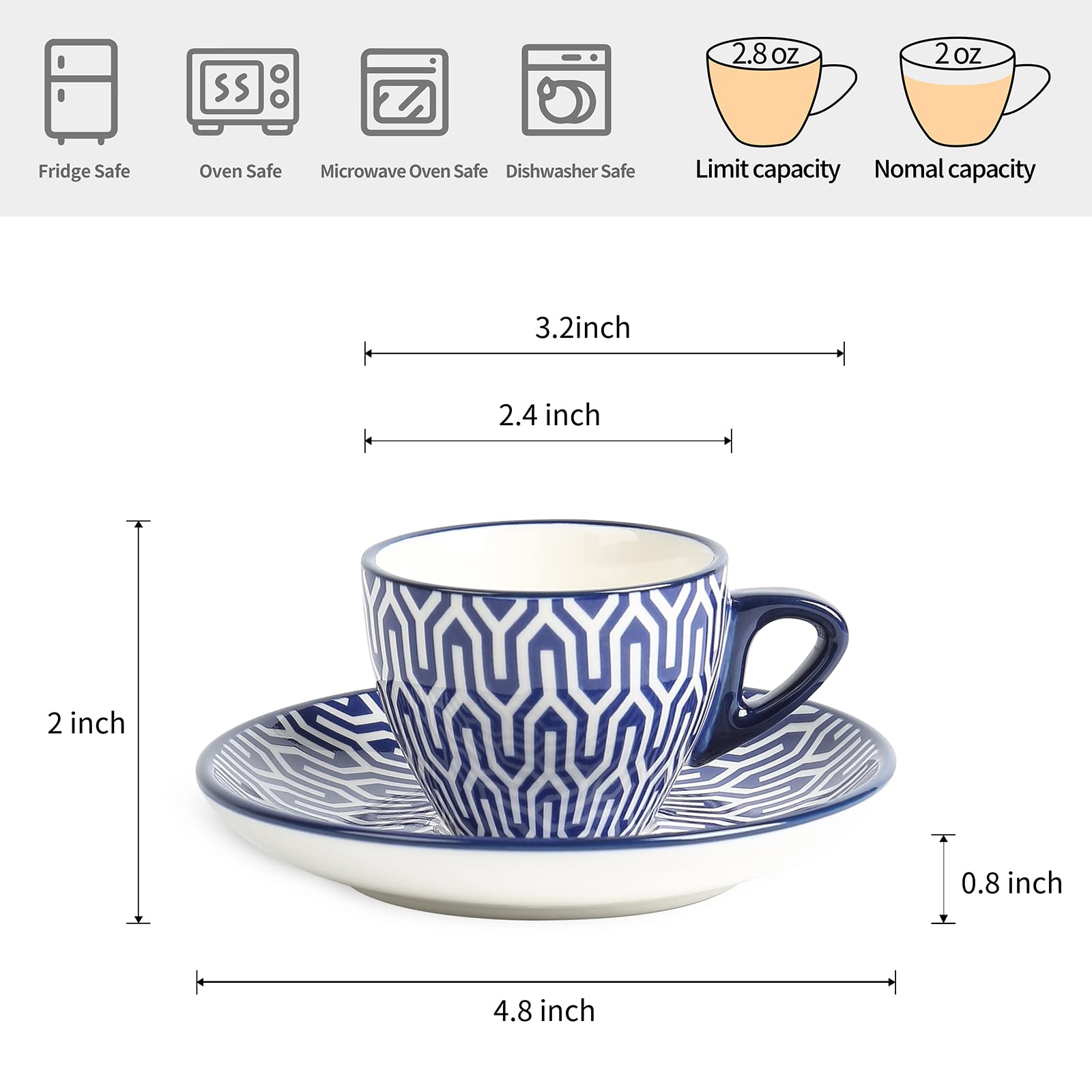 Selamica Ceramic 2.8 oz Espresso Cups, Small Expresso Coffee Cup Set with Saucers, Cappuccino Cups Set of 6, Porcelain Mini Demitasse Cups for Latte Mocha Tea, Gift, Vintage Blue