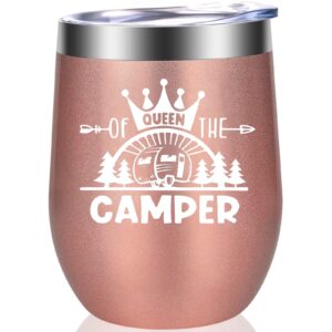 coolertaste queen of the camper wine tumbler, happy camper gifts 12oz cup, gifts for campers outdoors, rv hiking camping coffee mugs, camper lover couples glass for women