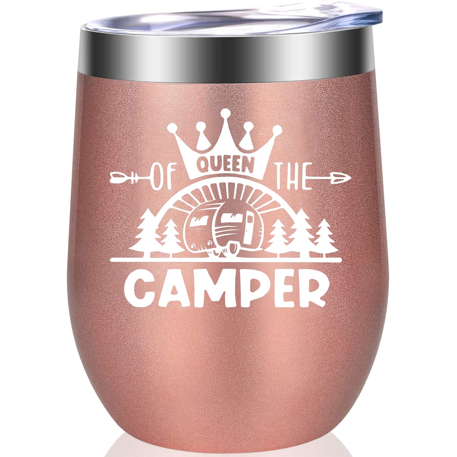 Coolertaste Queen Of The Camper Wine Tumbler, Happy Camper Gifts 12oz Cup, Gifts For Campers Outdoors, RV Hiking Camping Coffee Mugs, Camper Lover Couples Glass for Women