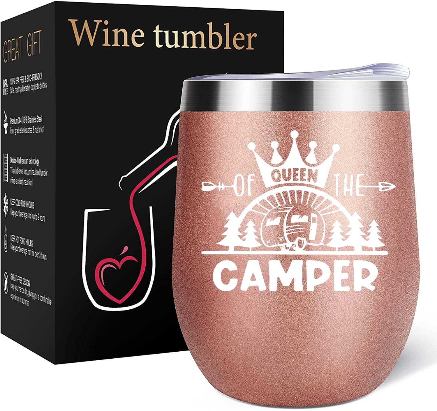 Coolertaste Queen Of The Camper Wine Tumbler, Happy Camper Gifts 12oz Cup, Gifts For Campers Outdoors, RV Hiking Camping Coffee Mugs, Camper Lover Couples Glass for Women