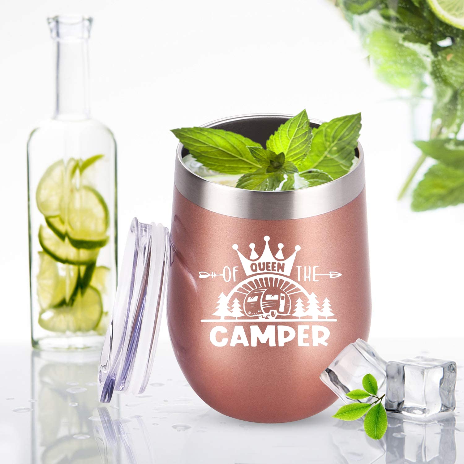 Coolertaste Queen Of The Camper Wine Tumbler, Happy Camper Gifts 12oz Cup, Gifts For Campers Outdoors, RV Hiking Camping Coffee Mugs, Camper Lover Couples Glass for Women