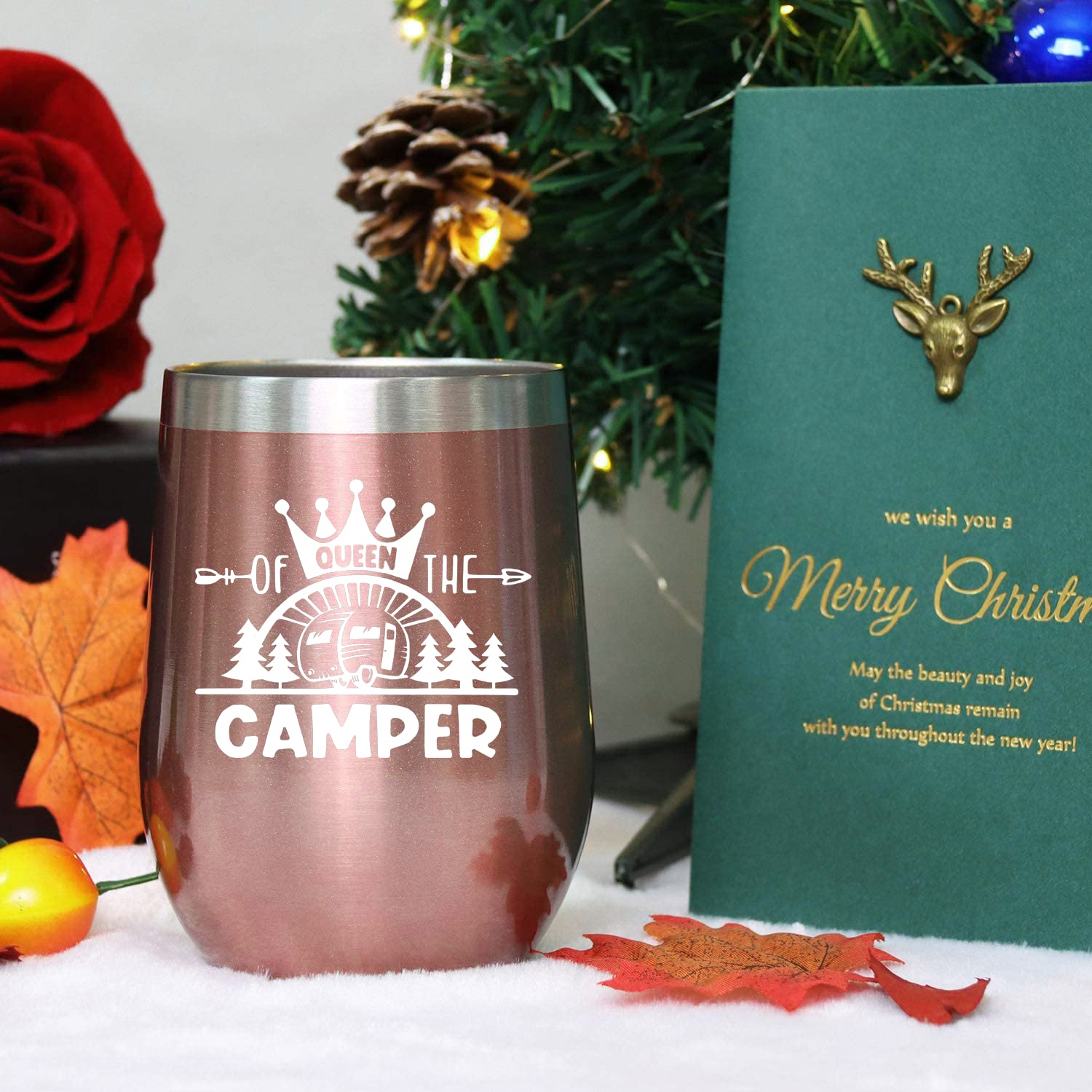 Coolertaste Queen Of The Camper Wine Tumbler, Happy Camper Gifts 12oz Cup, Gifts For Campers Outdoors, RV Hiking Camping Coffee Mugs, Camper Lover Couples Glass for Women