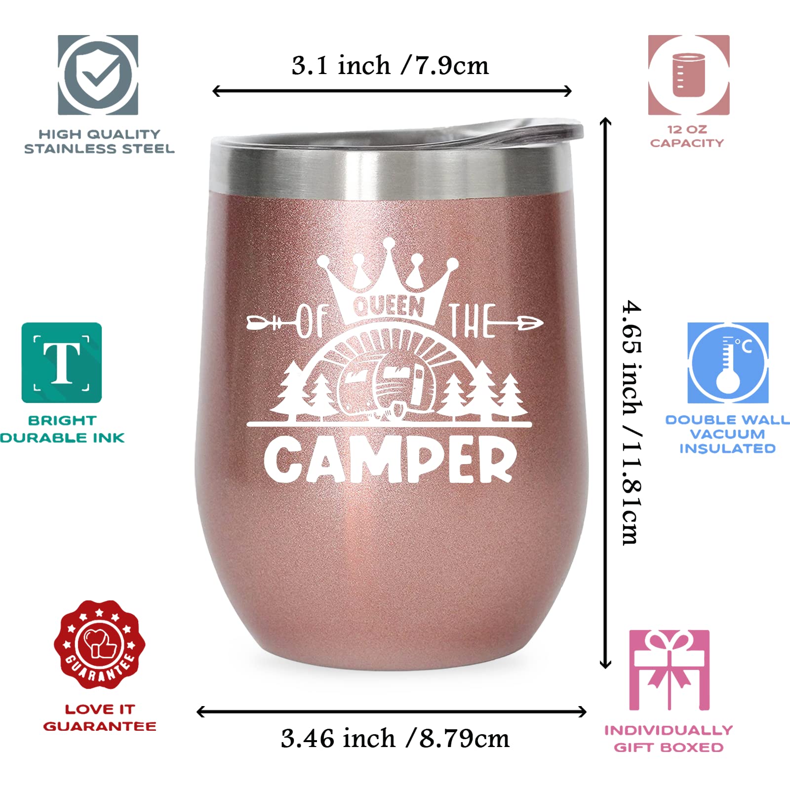 Coolertaste Queen Of The Camper Wine Tumbler, Happy Camper Gifts 12oz Cup, Gifts For Campers Outdoors, RV Hiking Camping Coffee Mugs, Camper Lover Couples Glass for Women