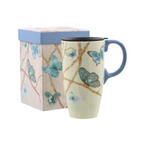 topadorn coffee ceramic mug porcelain latte tea cup with lid 17oz.,blue
