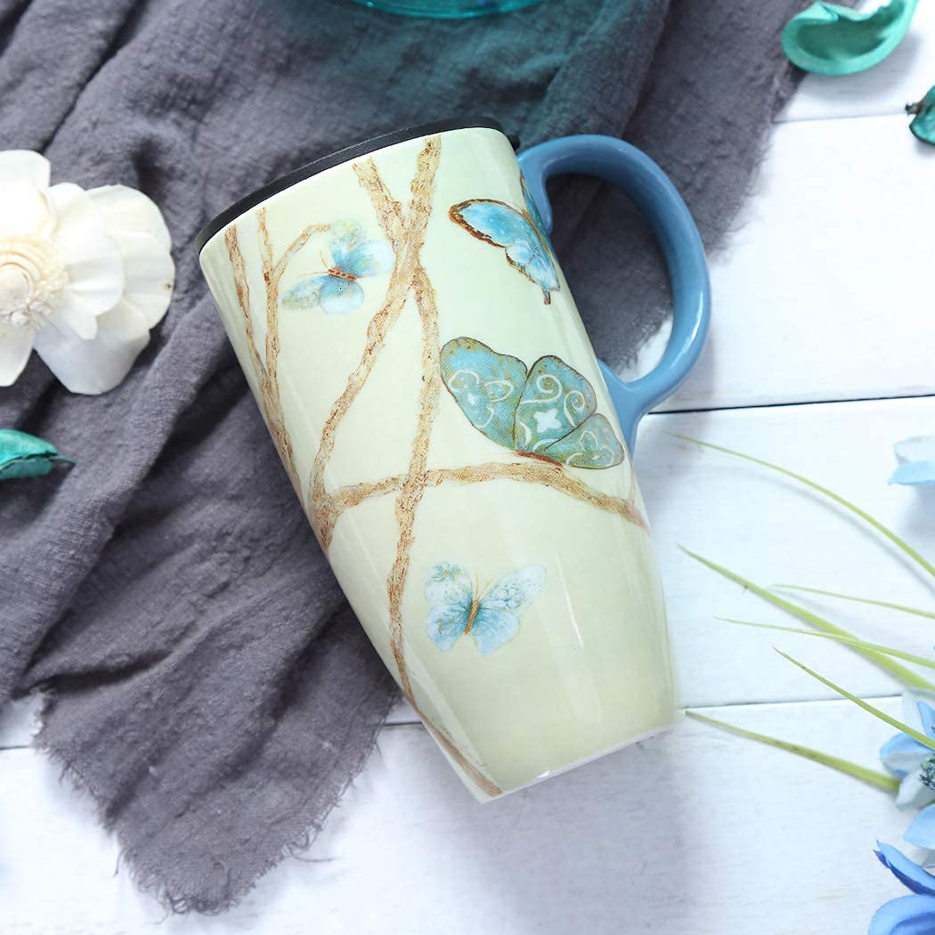 Topadorn Coffee Ceramic Mug Porcelain Latte Tea Cup With Lid 17oz.,Blue