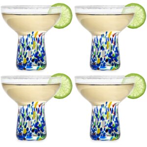 stemless margarita glass – set of 4 - luxury hand blown confetti margaritas, for cocktails, water, wine, dessert, martini & champagne glasses cinco de mayo, hand blown glass - mexican confetti design