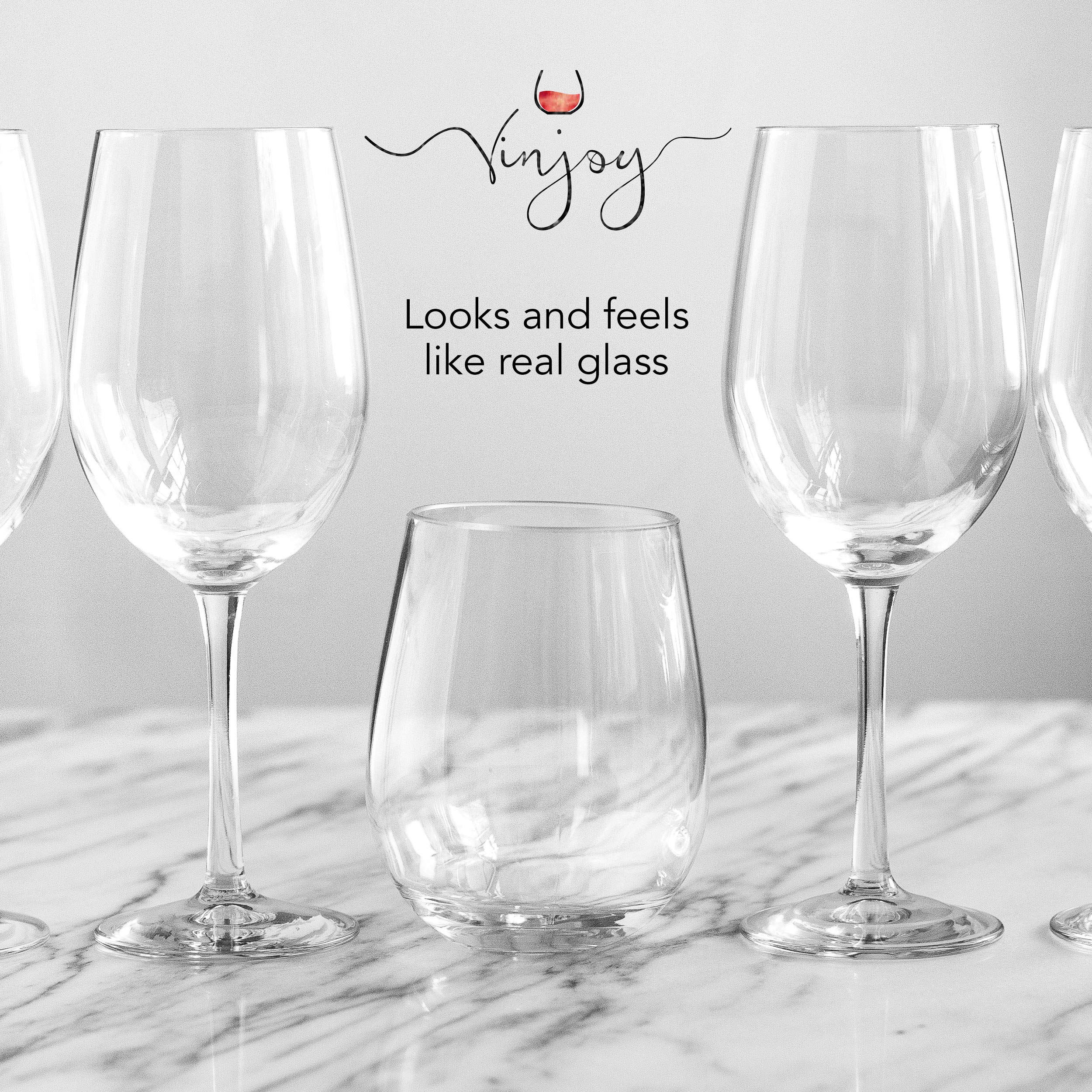 Vinjoy Unbreakable Stemless Plastic Wine Glasses 16 Ounce (Set Of 4) - Extra Durable for Red and White Wine - Reusable Shatterproof Tritan Indoor Outdoor Party Cups - Dishwasher Safe - Bar Glassware