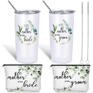 4 pack mother of the groom gifts mother of the bride tumblers cup bride makeup bags stainless steel groom mug mother cosmetic bag wedding gift for bridal shower travel party favor(green leaves)