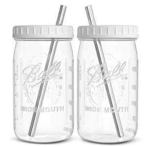 reusable wide mouth smoothie cups boba tea cups bubble tea cups with lids and silver straws mason jars glass cups (2-pack, 32 oz mason jars)