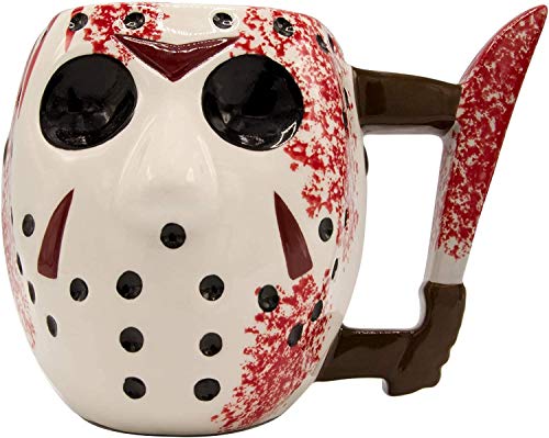 Silver Buffalo Warner Bros Friday The 13th Jason Mask with Knife Ceramic Coffee 3D Sculpted Mug, 1 Count (Pack of 1), Multicolor, 20 fluid ounce.