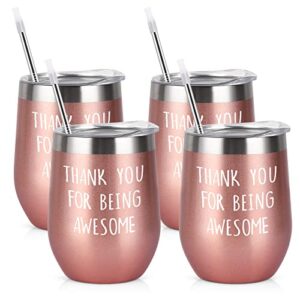 thank you gifts, thank you for being awesome wine tumbler set of 4, inspirational appreciation birthday gifts for women coworker friends teacher her, insulated stainless steel tumbler(12oz, rose gold)