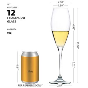 FAWLES Champagne Flutes Set of 12, Crystal Glass, 9 oz Champagne Glasses, Prosecco Sparkling Wine Glasses Set