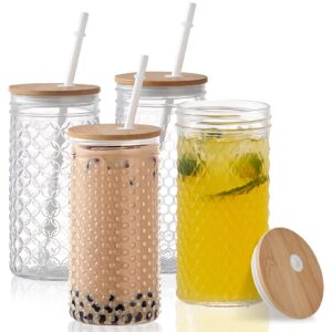 hyperspace 4pack glass tumblers with bamboo lids and straws, 24 oz wide mouth mason jar drinking glasses travel bottles with varitey of patterns for multi use