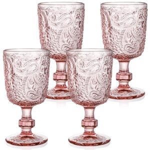 tebery 4 pack pink glass wine goblet vintage, 10oz colored beverage stemmed glass cups, embossed design glassware set for water, juice, wine,beer and cocktails