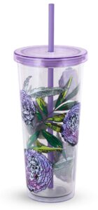 vera bradley travel tumbler with lid and straw, 24 ounce insulated cup, purple floral plastic double wall tumbler, lavender meadow