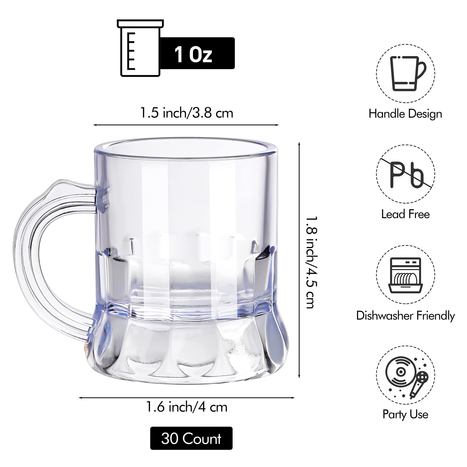 Breroa 30 Pieces Mini Plastic Beer Mugs 1 Ounce Mini Beer Mug Shot Glasses with Handles Clear Reusable Beer Stein Beer Tasting Glasses for Drinking Beer Festival Party Barbecue Wedding