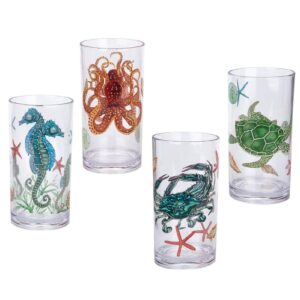 kx-ware sea ocean life 20-ounce plastic tumbler drinking glasses mixed drinkware sets, set of 4