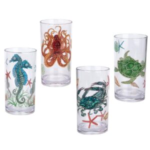 KX-WARE Sea Ocean Life 20-ounce Plastic Tumbler Drinking Glasses Mixed Drinkware Sets, set of 4