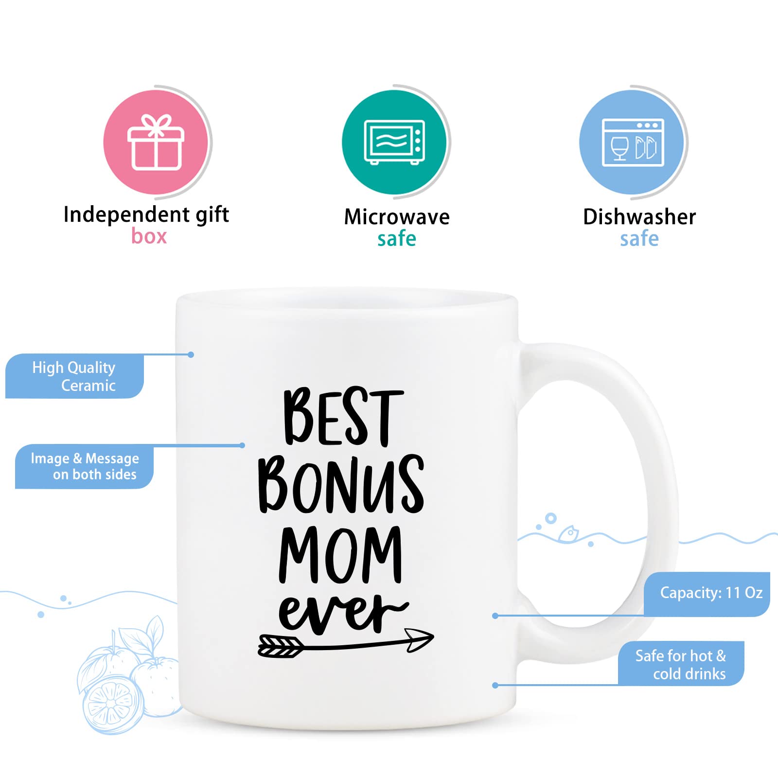 Maustic Mothers Day Gifts for Mom, Best Bonus Mom Ever Gifts from Daughter Son Stepchild, Bonus Mom Coffee Mug Cup, Christmas Birthday Gifts for Stepmom Stepmother Second Mom, 11 Oz White