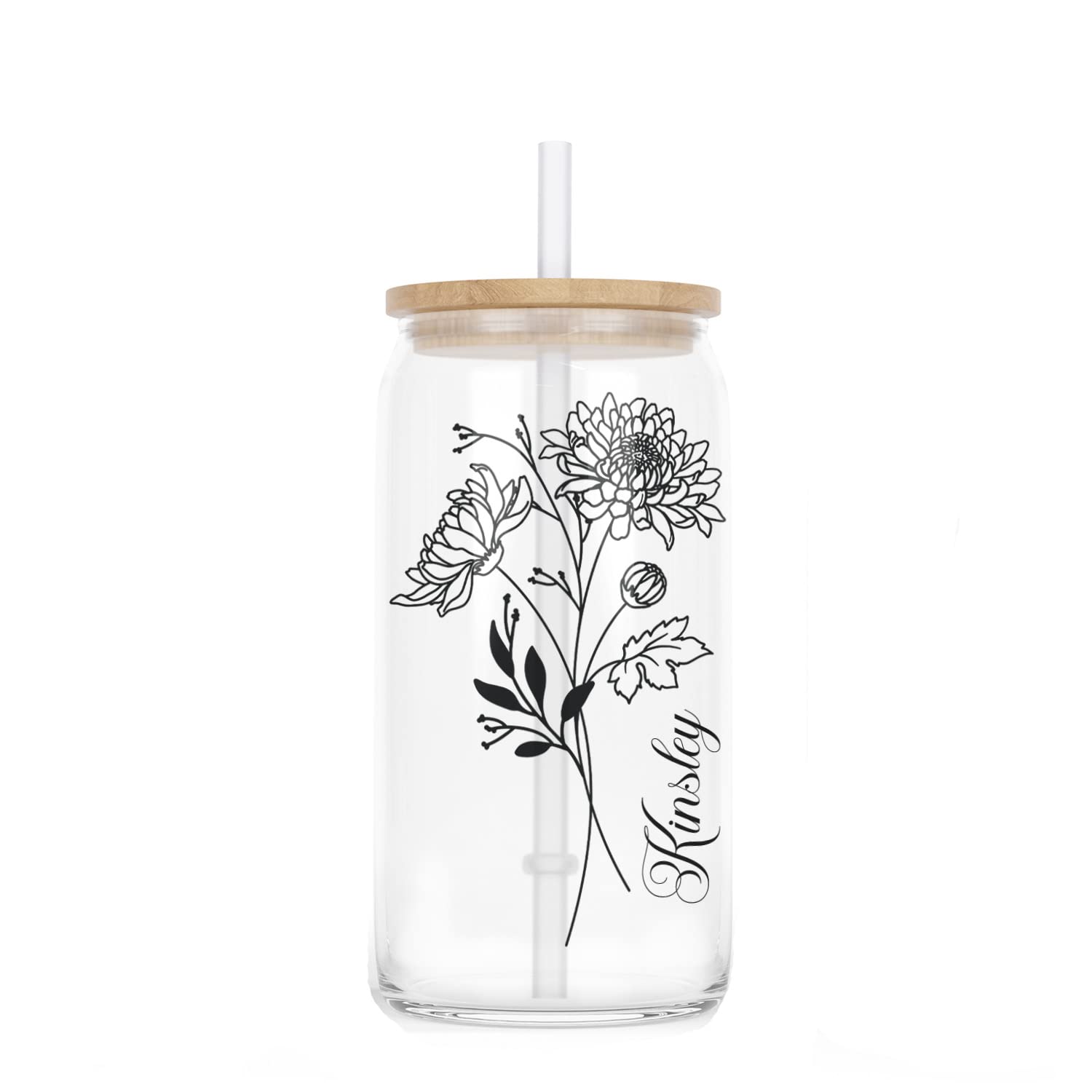 Iced Coffee Glass Cup with Bamboo Lid and Straw - Personalized Birth Month Flower and Name - Gift for Her Birthday, Mothers Day Gift, Christmas, Bridesmaid Gift Ideas