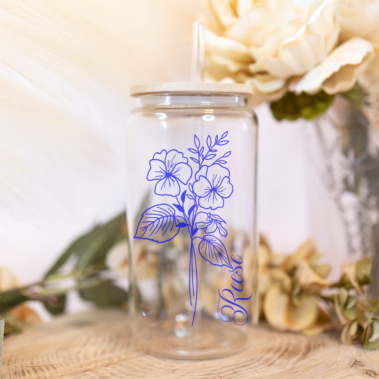 Iced Coffee Glass Cup with Bamboo Lid and Straw - Personalized Birth Month Flower and Name - Gift for Her Birthday, Mothers Day Gift, Christmas, Bridesmaid Gift Ideas