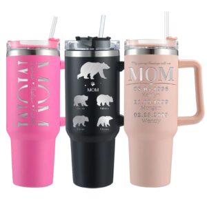 custom mama bear tumbler with kids names, personalized mothers day gift for women, her, new mom, customized 40oz insulated stainless steel coffee mom cup with straw lid