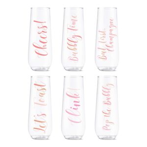 tossware pop 9oz flute pink rose toast series, set of 6, premium quality, recyclable, unbreakable & crystal clear plastic printed champagne glasses