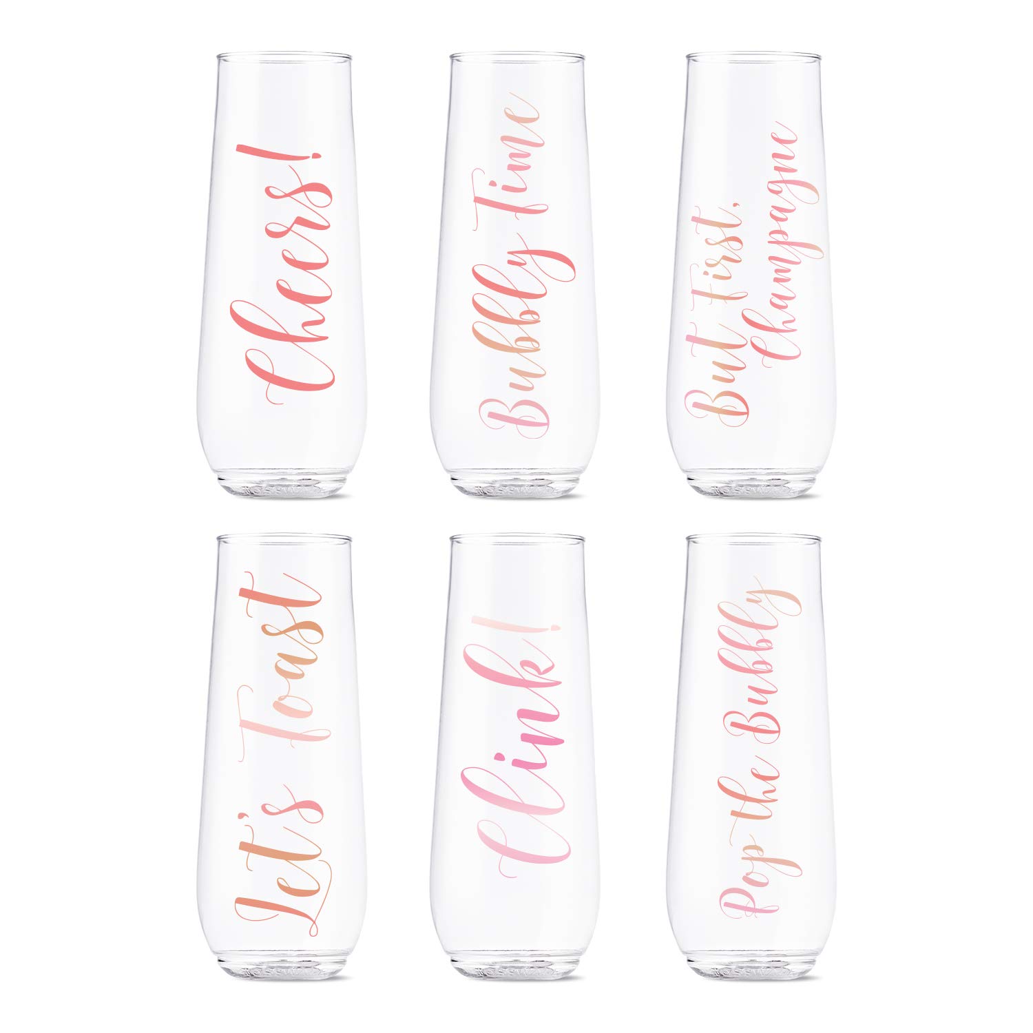 TOSSWARE POP 9oz Flute Pink Rose Toast Series, SET OF 6, Premium Quality, Recyclable, Unbreakable & Crystal Clear Plastic Printed Champagne Glasses