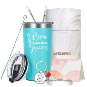 Lifecapido Teacher Gifts, Lesson Planning Juice Travel Tumbler, Teacher Tumbler Gift Set, Teacher Appreciation Gift Thank You Gift Christmas Gift Retirement Gift for Teacher Professor, 20oz Aqua Blue