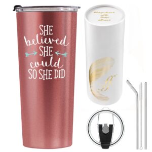 fancyfams she believed she could so she did, 22 oz stainless steel tumbler, congratulations gifts, college graduation gifts for her, encouraging gifts for women (22oz - rose gold)