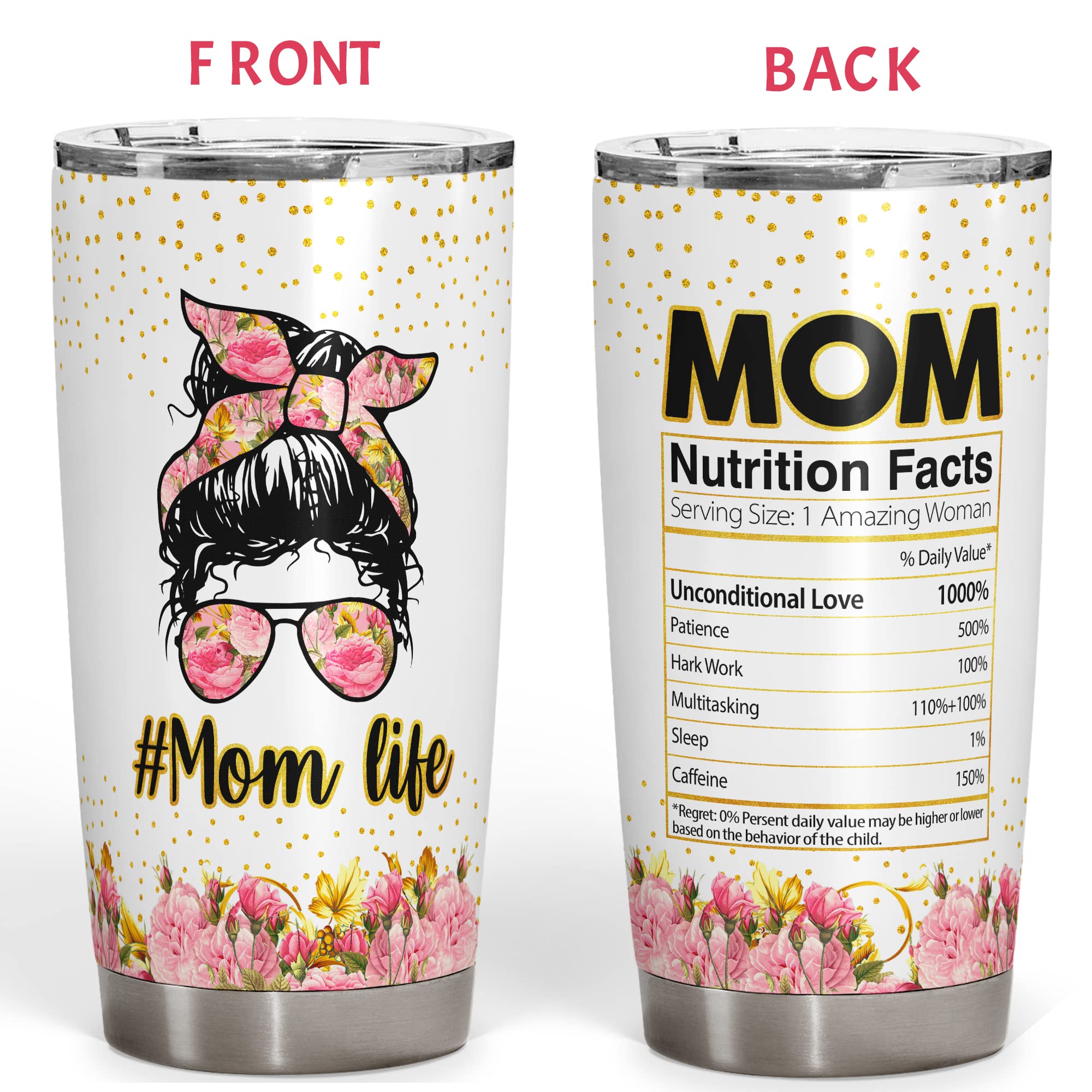 Dokazu Mom Life Tumbler Mom Nutrition Facts Cup Mom Gifts for Mother from Daughters Sons Birthday Gifts for Mom Travel Mug Funny Gifts for Women Mama Stainless Steel 20oz