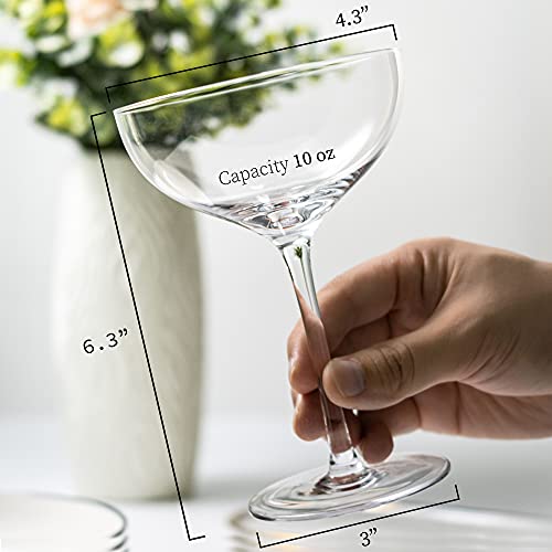 Champagne Coupe Glasses Set of 4 - Elegant Cocktail Coupe, Ideal for serving Martini, Gimlet and Manhattan - High Clarity Crystal Glassware - Excellent Addition to Your Home Bar - 10 oz
