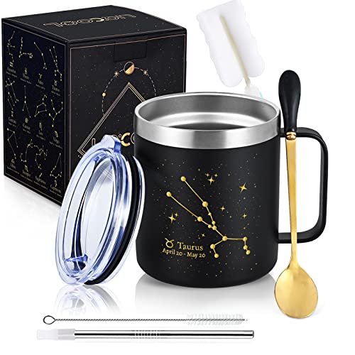 LiqCool Taurus Gifts for Women, Taurus Zodiac Gifts, Taurus Coffee Mug, Astrology Gifts for Men, Constellation Mug, Taurus Birthday Gift for Women, Stainless Steel Cup with Lid Handle (12oz, Black)