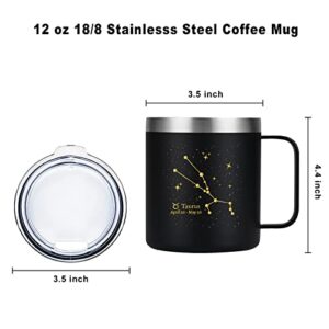 LiqCool Taurus Gifts for Women, Taurus Zodiac Gifts, Taurus Coffee Mug, Astrology Gifts for Men, Constellation Mug, Taurus Birthday Gift for Women, Stainless Steel Cup with Lid Handle (12oz, Black)